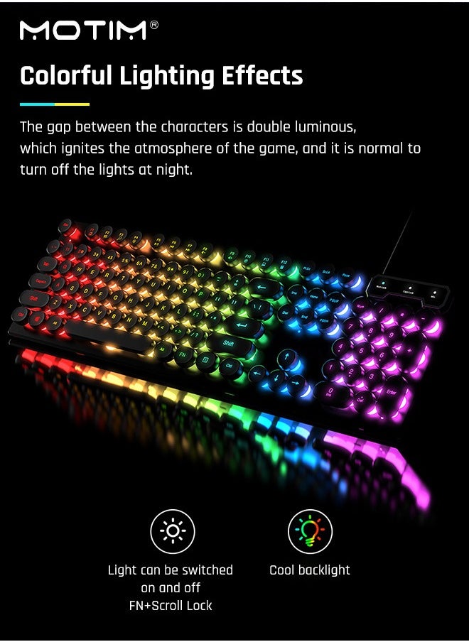 Motim - 104-Key Mechanical Gaming Keyboard, Wired Waterproof Backlight Silent RGB Color with Blue Switch Retro Round Keycap, Writertype Keyboard with Gaming Mouse Suitable For Computer/Ps4/Xbox Gamers - Image 1