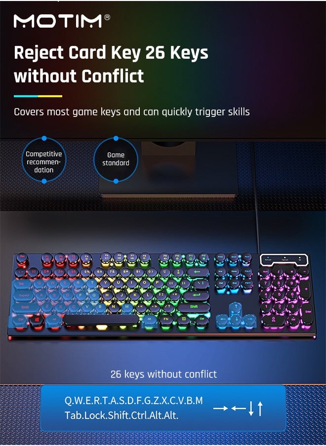 Motim - 104-Key Mechanical Gaming Keyboard, Wired Waterproof Backlight Silent RGB Color with Blue Switch Retro Round Keycap, Writertype Keyboard with Gaming Mouse Suitable For Computer/Ps4/Xbox Gamers - Image 1