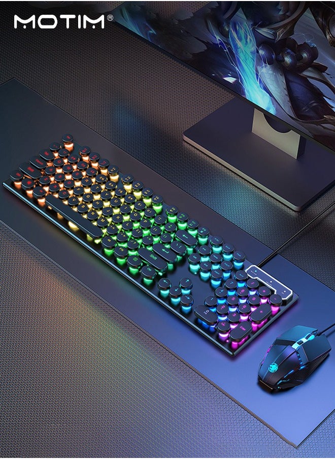 Motim - 104-Key Mechanical Gaming Keyboard, Wired Waterproof Backlight Silent RGB Color with Blue Switch Retro Round Keycap, Writertype Keyboard with Gaming Mouse Suitable For Computer/Ps4/Xbox Gamers - Image 1