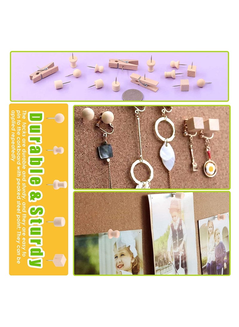 Zikra 135Pcs 6 Types Wood Push Pins Assortment Kit Wooden Head Pins Steel Thumb Tacks Clips Push Pins Wooden Thumb Tacks Decorative for Cork Boards Map Photos Calendar Home Office Craft Projects with Box - Image 4