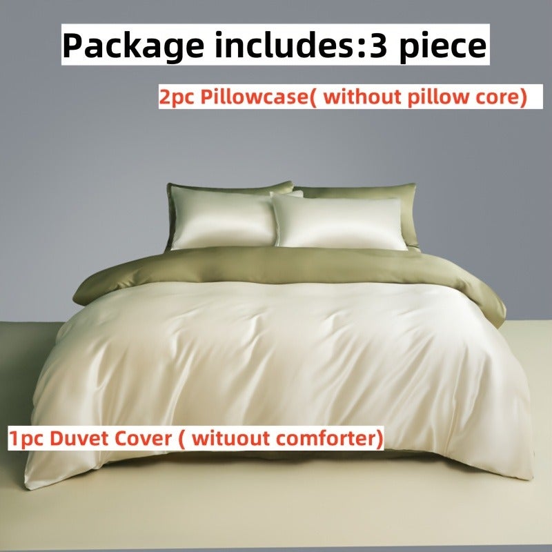 3-Piece Solid-Color Luxury Two-Tone Ice Silk Duvet Cover Set — 100% Ultra-Soft Microfiber; Cooling & Breathable; Features 8 Corner Ties; Machine Washable at 60°C; Ideal for Hotels, Bedrooms, and Dormitories (Duvet Insert and Pillow Inserts Not - Image 1