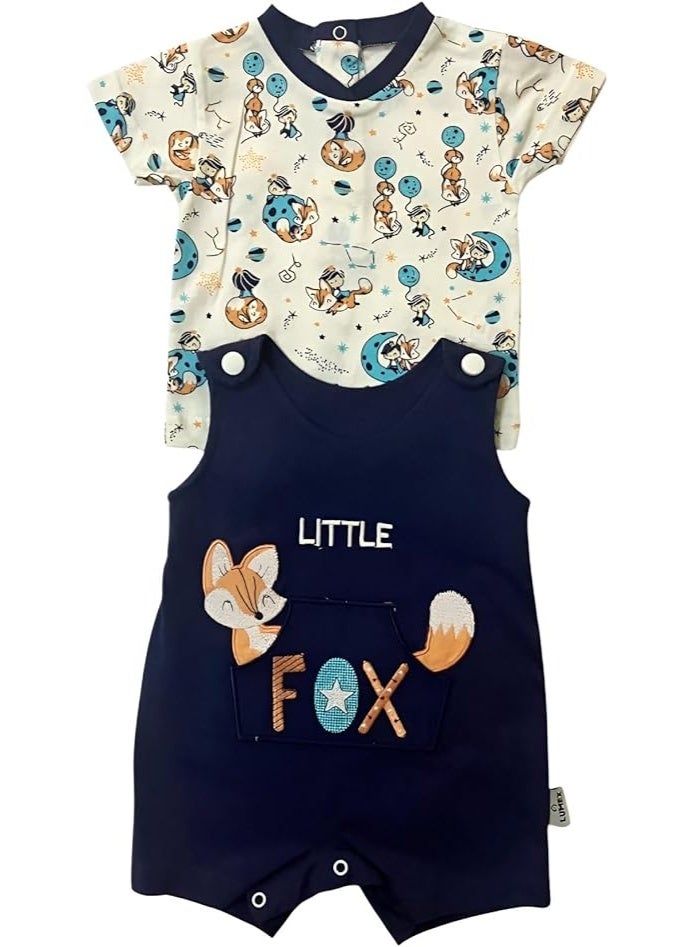 Baby Boy 2-Piece Fox Print Outfit Set, Navy Blue Romper with T-Shirt, Casual Wear  - Image 2