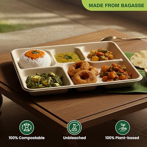 ECO kranti – 5 Compartment Bagasse Meal Tray | Pack of 50 | Eco-Friendly, Biodegradable & Compostable | 100% Natural Plant-Based | Long Lasting Plates for Birthday, Wedding, Party & All Events - Image 3
