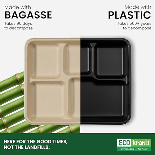 ECO kranti – 5 Compartment Bagasse Meal Tray | Pack of 50 | Eco-Friendly, Biodegradable & Compostable | 100% Natural Plant-Based | Long Lasting Plates for Birthday, Wedding, Party & All Events - Image 4