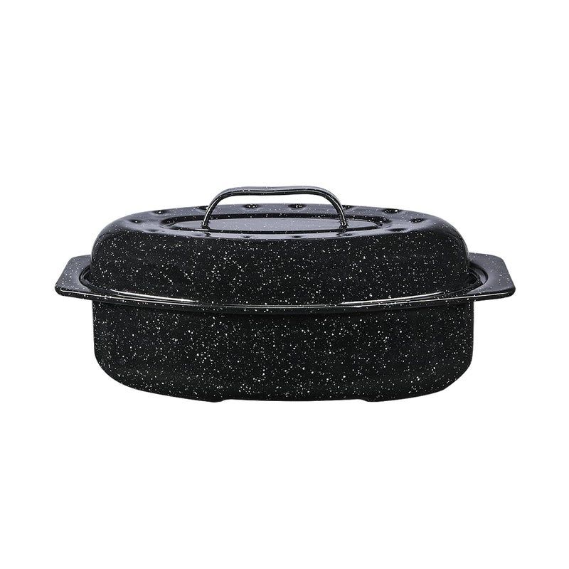Granite Ware صينية جرانيت وير oval بحجم 13 بوصة مع غطاء. تصميم من الفولاذ المينا لاستيعاب حتى 7 رطل من الدواجن/التحميص. تقاوم حتى 932°F. مثالية لتحضير الوجبات لشخصين! - Image 1