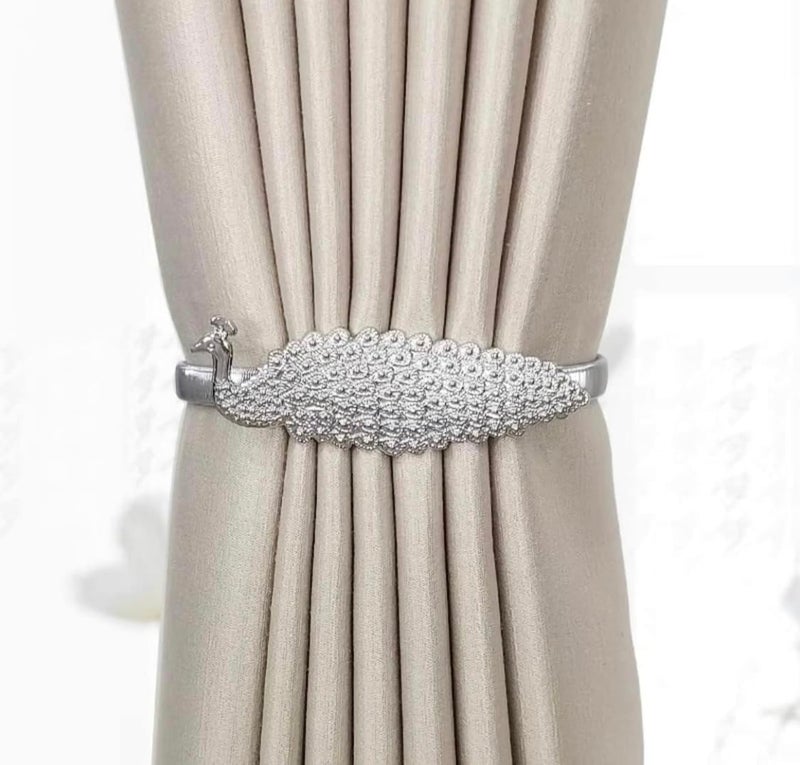 Curtains Tiebacks Aluminum Alloy Spring peacock Carving Design 2 Packs （Silver) ‎٢ ماسك ستائر من سبائك الألومنيوم بتصميم على شكل طاووس للستائر فضي - Image 1