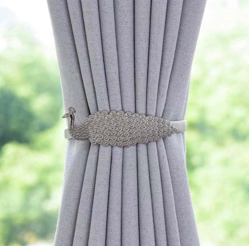 Curtains Tiebacks Aluminum Alloy Spring peacock Carving Design 2 Packs （Silver) ‎٢ ماسك ستائر من سبائك الألومنيوم بتصميم على شكل طاووس للستائر فضي - Image 2