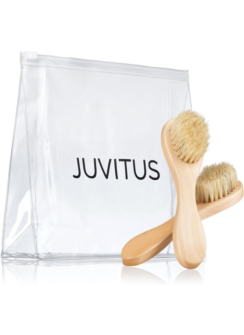 JUVITUS 2-Pack of Face Brush for Cleansing and Exfoliation with Deluxe Travel Bag, Natural Bristles and Wood Handle 