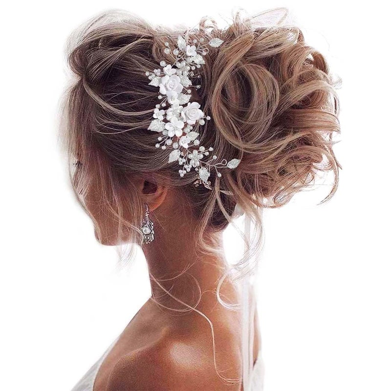 Unicra Flower Bride Wedding Hair Vine Pearl Bridal Hair Piece Leaf Hair Accessories Rhinestone Headband for Women and Girls (9inches) (Silver) - Image 1