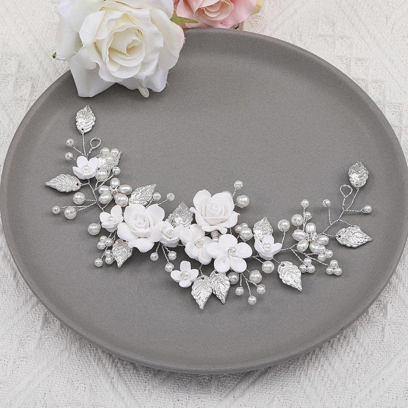 Unicra Flower Bride Wedding Hair Vine Pearl Bridal Hair Piece Leaf Hair Accessories Rhinestone Headband for Women and Girls (9inches) (Silver) - Image 2
