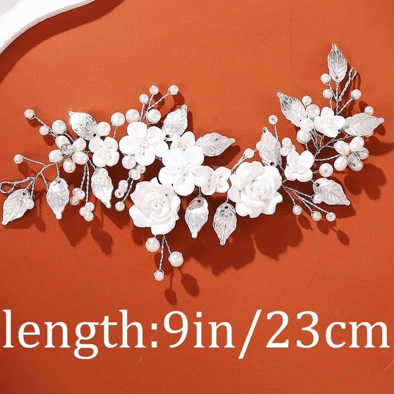 Unicra Flower Bride Wedding Hair Vine Pearl Bridal Hair Piece Leaf Hair Accessories Rhinestone Headband for Women and Girls (9inches) (Silver) - Image 5