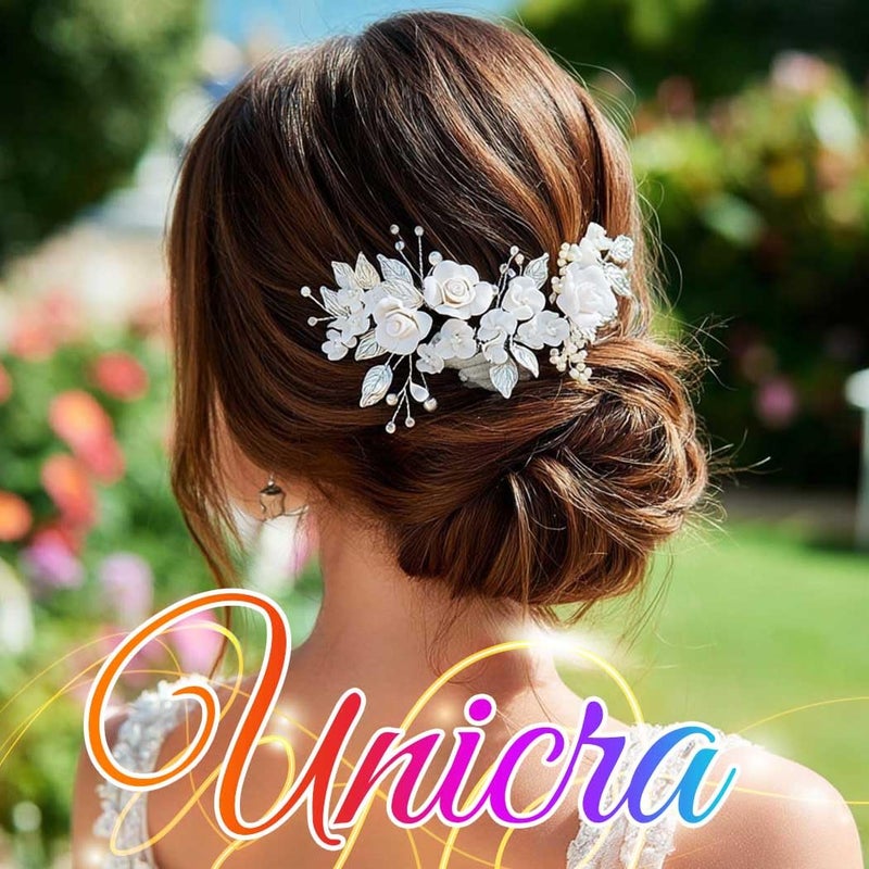 Unicra Flower Bride Wedding Hair Vine Pearl Bridal Hair Piece Leaf Hair Accessories Rhinestone Headband for Women and Girls (9inches) (Silver) - Image 4