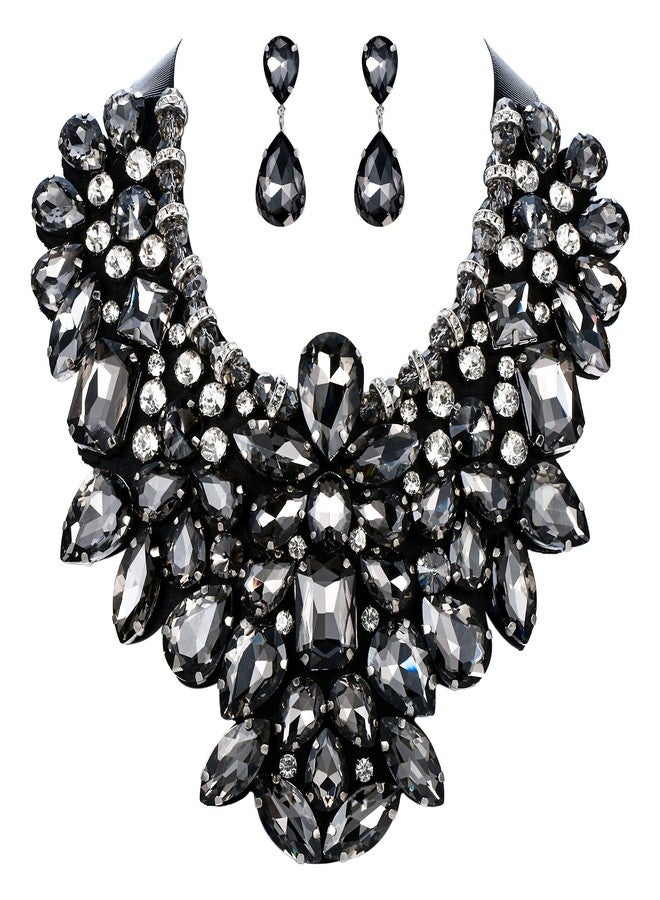 Flyonce Costume Jewelry for Women, Rhinestone Crystal Statement Necklace Earrings Set Dark Black - Image 1
