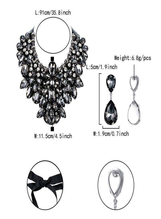 Flyonce Costume Jewelry for Women, Rhinestone Crystal Statement Necklace Earrings Set Dark Black - Image 5