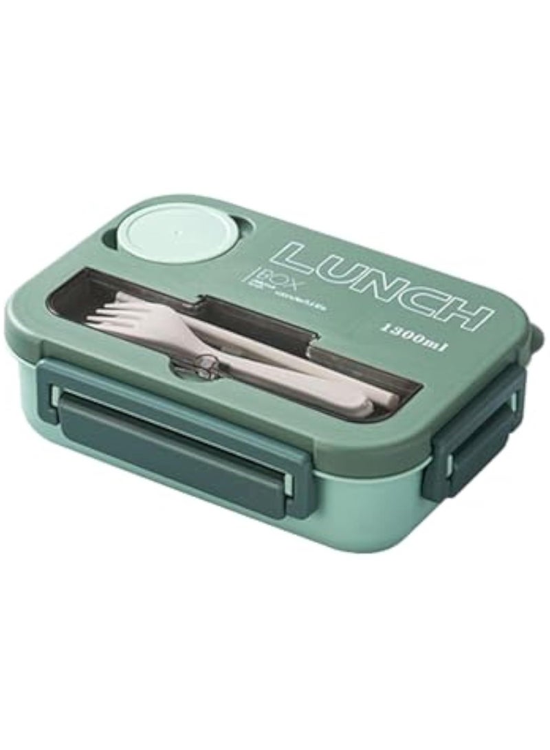 4  4-Compartment Bento Lunch Box, with Utensils u0026 Sauce Cup, 1300ML Leakproof Food Container, Microwave and Dishwasher Safe, Ideal for Office, School, Picnic (Green) - Image 1