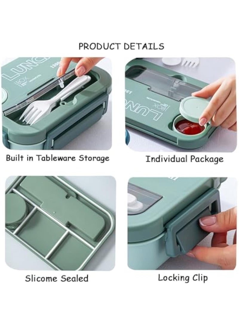 4  4-Compartment Bento Lunch Box, with Utensils u0026 Sauce Cup, 1300ML Leakproof Food Container, Microwave and Dishwasher Safe, Ideal for Office, School, Picnic (Green) - Image 5