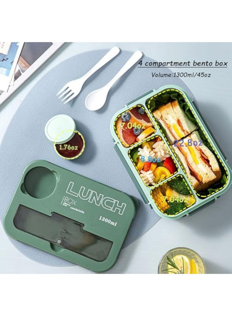 4  4-Compartment Bento Lunch Box, with Utensils u0026 Sauce Cup, 1300ML Leakproof Food Container, Microwave and Dishwasher Safe, Ideal for Office, School, Picnic (Green) - Image 3