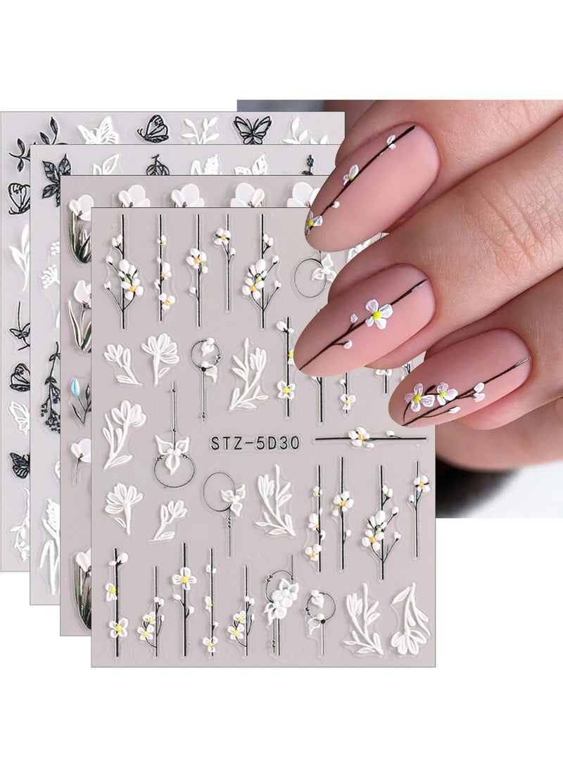 3D Embossed Flower Spring Nail Art Stickers Decals Self-Adhesive Pegatinas Uñas 5D Summer Colorful Floral Nail Supplies Nail Art Design Decoration Accessories 4 Sheets - Image 1
