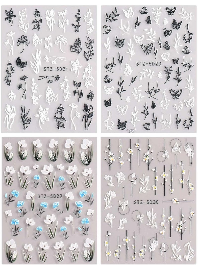 3D Embossed Flower Spring Nail Art Stickers Decals Self-Adhesive Pegatinas Uñas 5D Summer Colorful Floral Nail Supplies Nail Art Design Decoration Accessories 4 Sheets - Image 3