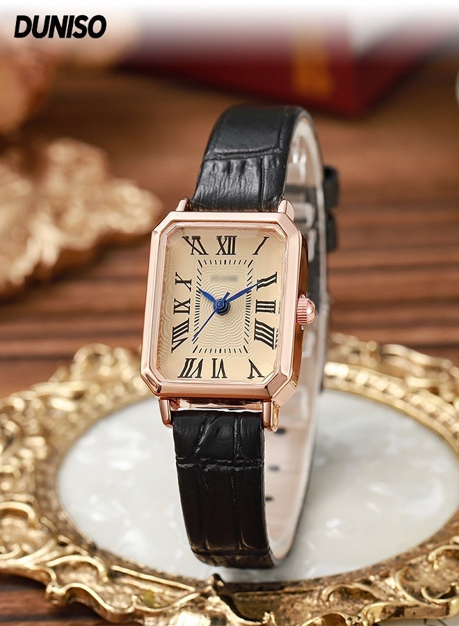 DUNISO Fashion  Ladies Leather Rectangle Wrist watch , Adjustable Soft Strap, suitable for student (Black) - Image 1