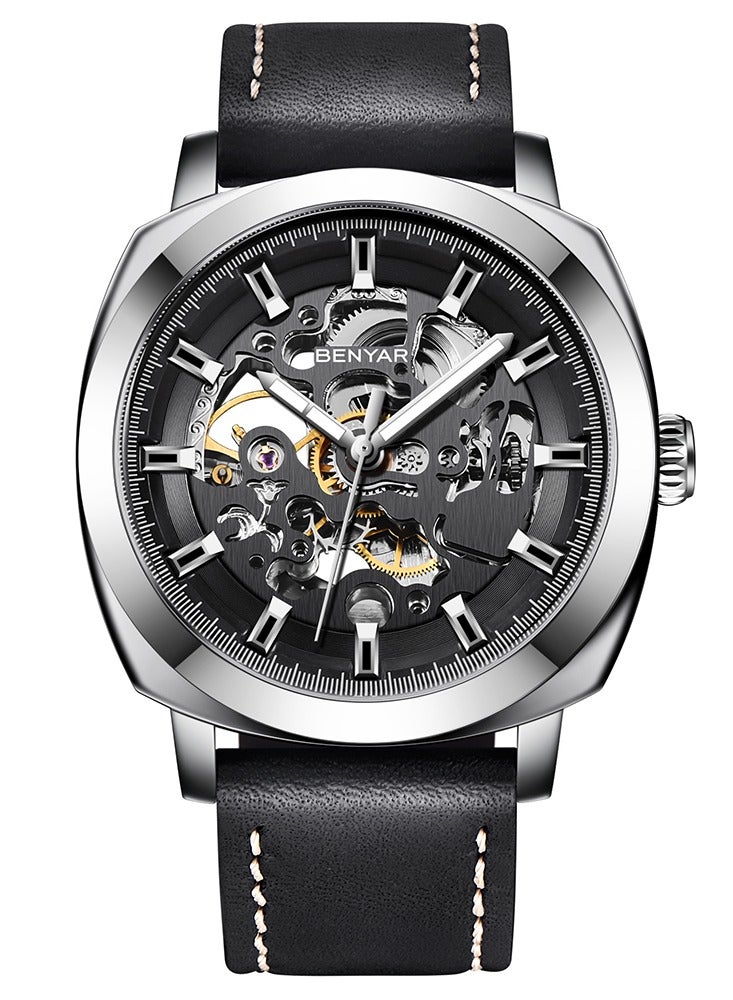 بينيار ساعات رجالية أوتوماتيكية ميكانيكية بسوار جلد  مم مقاومة للماء  متر - Image 1