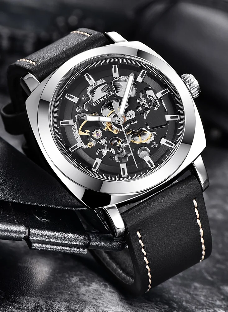 بينيار بنيار ساعات أوتوماتيكية للرجال  الهيكل العظمي الميكانيكي الشريط الجلدي للرجال ساعة  45mm رقم  30M مقاوم للماء  هدية أنيقة للرجال