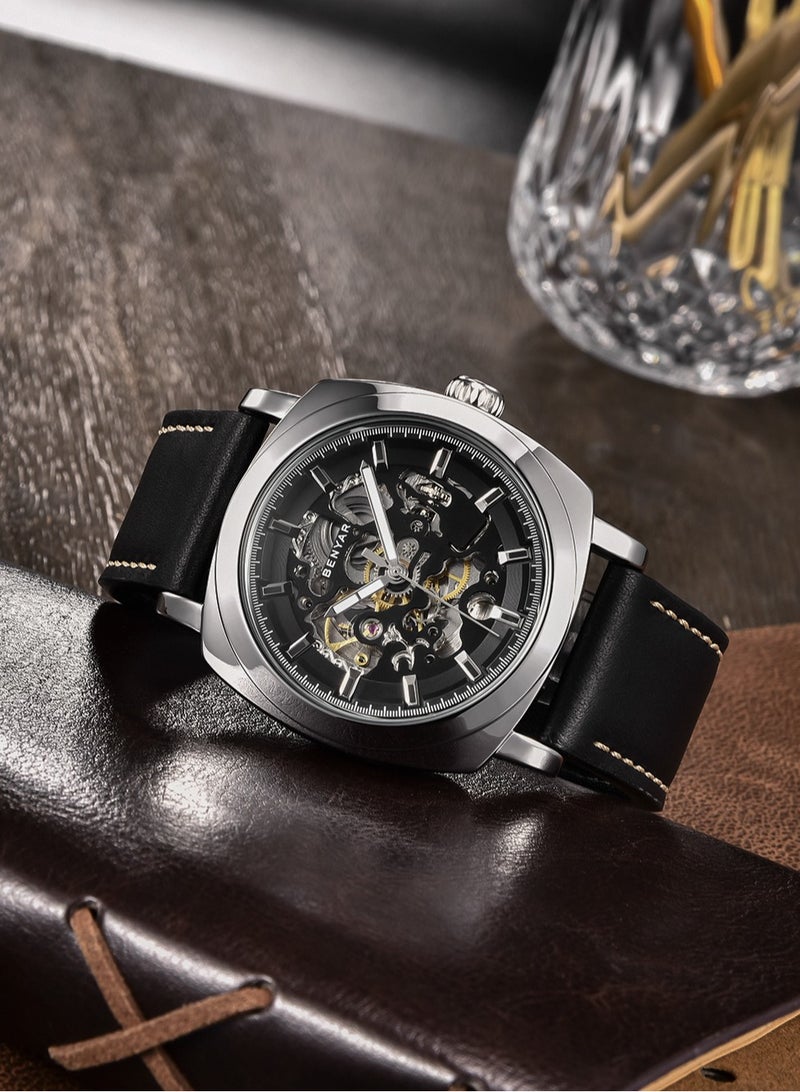 بينيار ساعات رجالية أوتوماتيكية ميكانيكية بسوار جلد  مم مقاومة للماء  متر - Image 5
