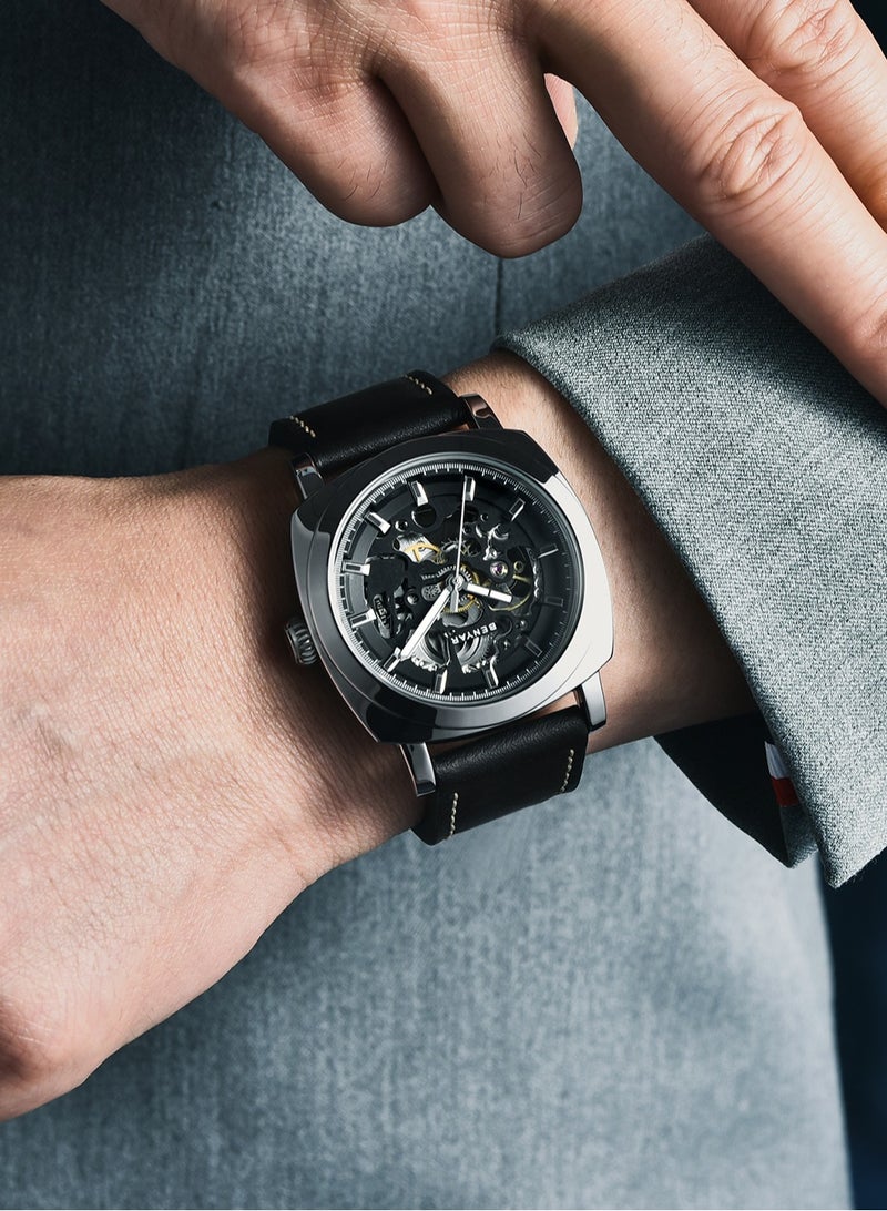 بينيار ساعات رجالية أوتوماتيكية ميكانيكية بسوار جلد  مم مقاومة للماء  متر - Image 4