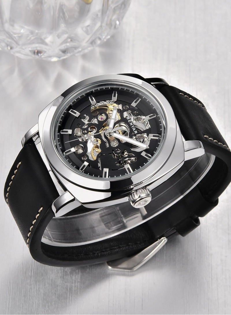 BENYAR Automatic Watches for Men | Skeleton Mechanical Leather Strap Mens Watch | 45mm Dial | 30M Waterproof | Men's Stylish Gift - Image 5