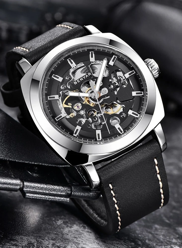 Benyar Automatic Watches for Men | Skeleton Mechanical Leather Strap Mens Watch | 45mm Dial | 30M Waterproof | Men's Stylish Gift
