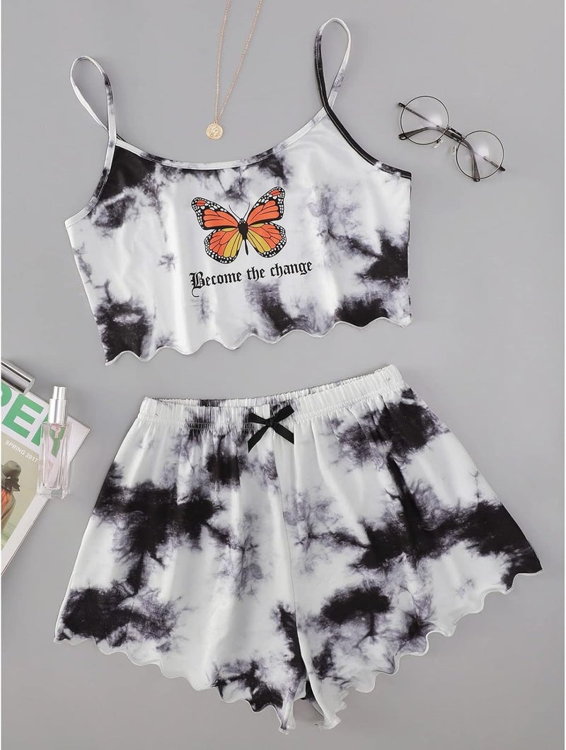 klarako Women Two-Piece Pajama Lingerie Lace Panty Lingerie Set Tie-dye Pattern Printing Sleepwear Underwear Nightdress - Image 3