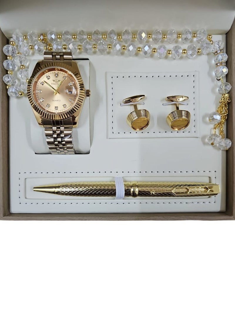 Men's watch set of 4 pieces, consisting of a wristwatch with a pen, a set of buttons and a rosary, various shapes  - Image 1