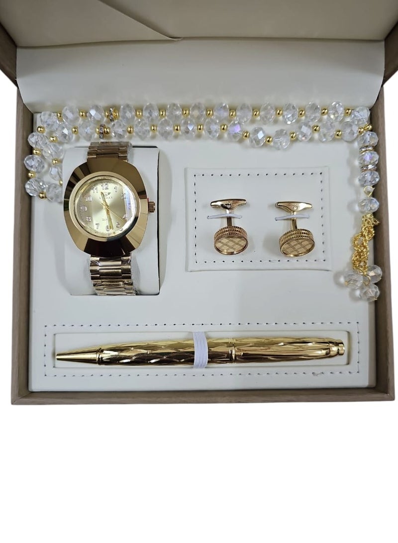 Men's watch set of 4 pieces, consisting of a wristwatch with a pen, a set of buttons and a rosary, various shapes