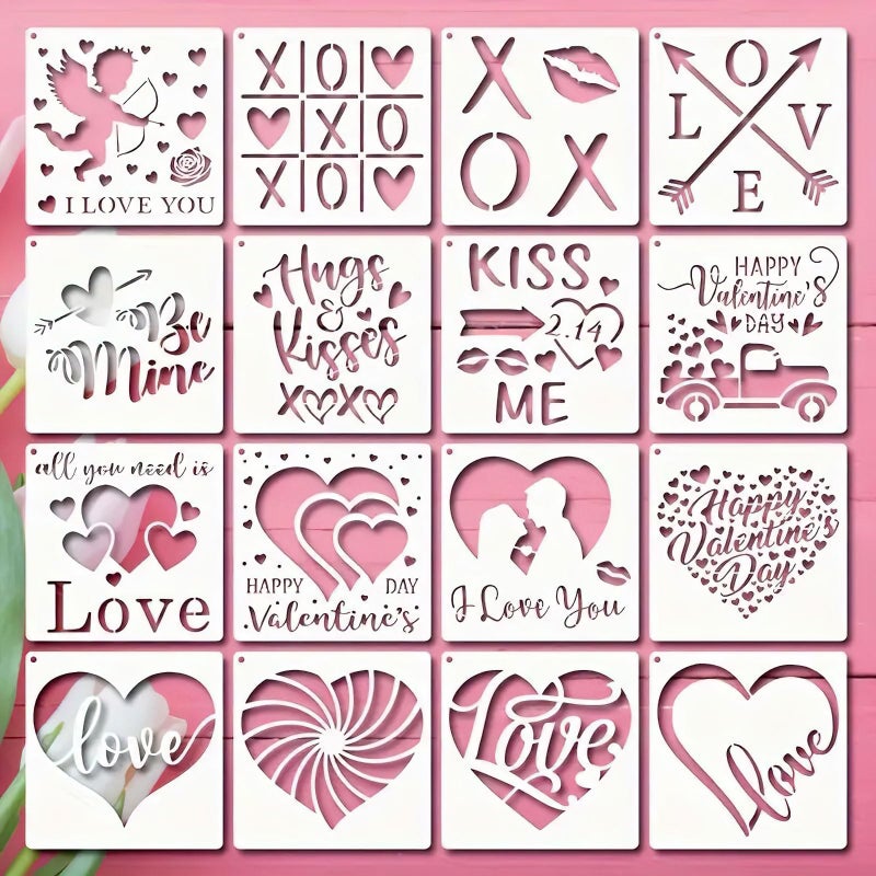 Ylapagne 16 PCS Valentine's Day Painting Stencils Love Theme Painting Stencil Reusable PET Hollow Out Leakage Printing Plate DIY Hand Painting Graffiti Spray Painting Template (5.1 x 5.1 Inch) - Image 1