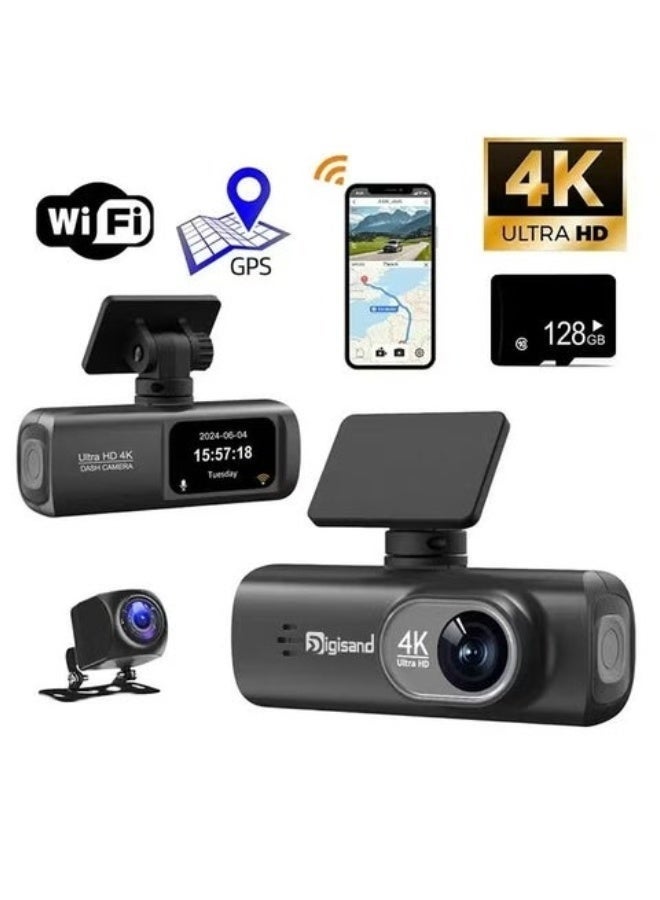 ديقيساند كاميرا داش كام UHD 4K للسيارات بعدستين أمامية وخلفية، العدسة الأمامية بدقة 3840×2160P، مزودة بعدسة خلفية، وواي فاي مدمج، ومستشعر G-Sensor، مع نظام GPS ومسجل فيديو DVR للسيارة. - Image 1