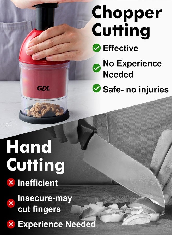 GDL Food Chopper, Hand Chopper Dicer Easy to Clean, Manual Slap Vegetable Cutter Onion Dicer, Garlic Mincer for Onion, Nut, Tomato, Pepper, Celery, etc, Red - Image 3