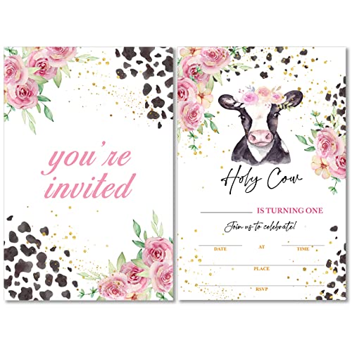 Soiceu Floral Holy Cow I'm One 1st Birthday Party Invitations with Envelopes Set of 20 Pink Farm Cow Girl 1 Year Old First Birthday Party Invites - Image 1