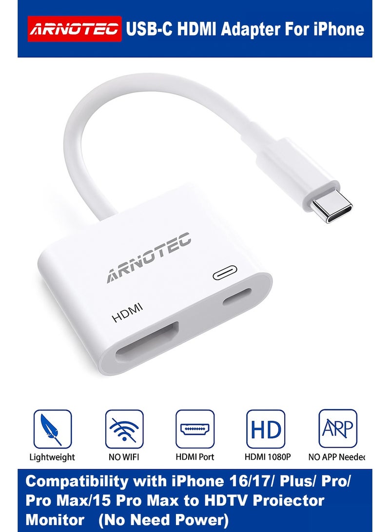 ARNOTEC [معتمد من MFi] محول USB C إلى HDMI لجهاز iPhone 16 15 إلى التلفاز، محول Type-C إلى HDMI بدقة 4K@60Hz مع منفذ شحن سريع 100W لجهاز iPhone 16/16 Plus/16 Pro/16 Pro Max/15 Pro Max إلى جهاز عرض HDTV. - Image 1