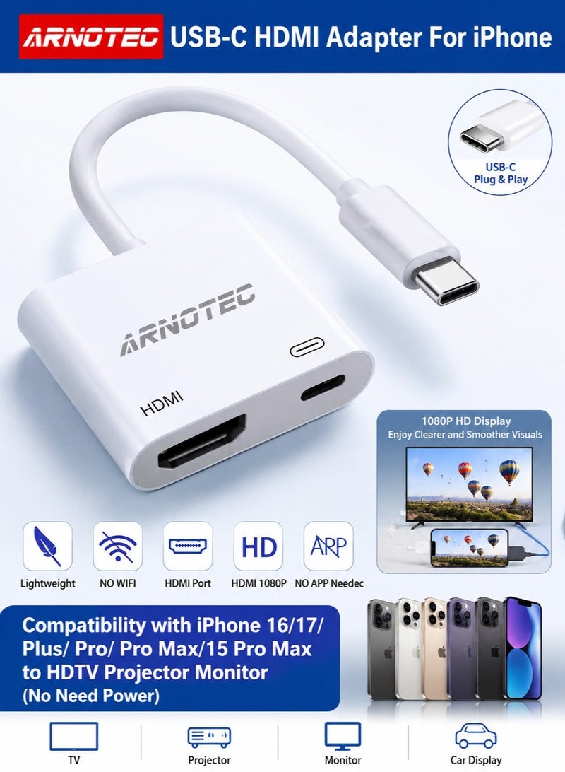 ARNOTEC [معتمد من MFi] محول USB C إلى HDMI لجهاز iPhone 16 15 إلى التلفاز، محول Type-C إلى HDMI بدقة 4K@60Hz مع منفذ شحن سريع 100W لجهاز iPhone 16/16 Plus/16 Pro/16 Pro Max/15 Pro Max إلى جهاز عرض HDTV. - Image 1