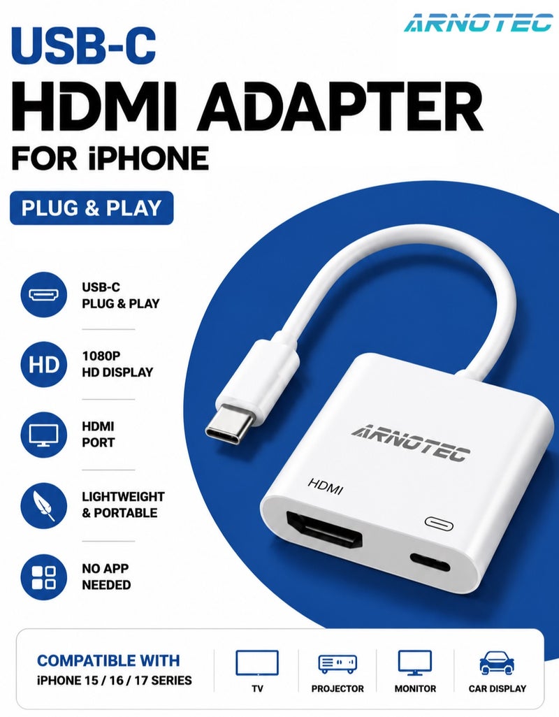 ARNOTEC [MFi Certified] USB C to HDMI Adapter for iPhone 16 15 to TV, 4K@60Hz Type-C to HDMI Adapter with 100W Fast Charging Port for iPhone 16/16 Plus/16 Pro/16 Pro Max/15 Pro Max to HDTV Projector Monitor - Image 1