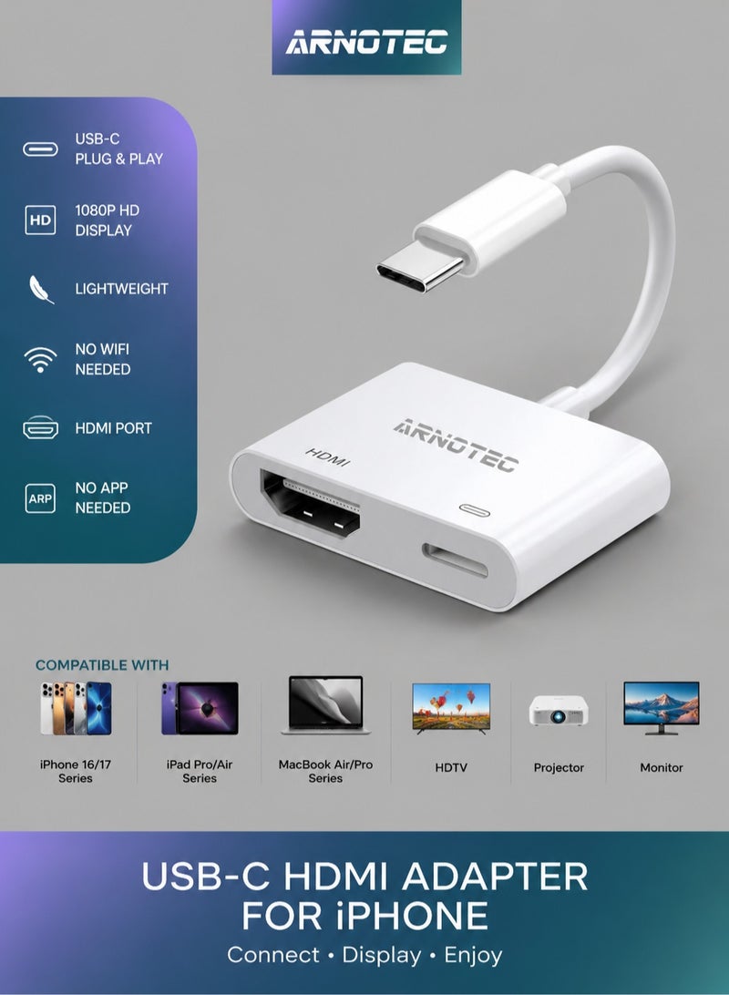 ARNOTEC [معتمد من MFi] محول USB C إلى HDMI لجهاز iPhone 16 15 إلى التلفاز، محول Type-C إلى HDMI بدقة 4K@60Hz مع منفذ شحن سريع 100W لجهاز iPhone 16/16 Plus/16 Pro/16 Pro Max/15 Pro Max إلى جهاز عرض HDTV. - Image 1