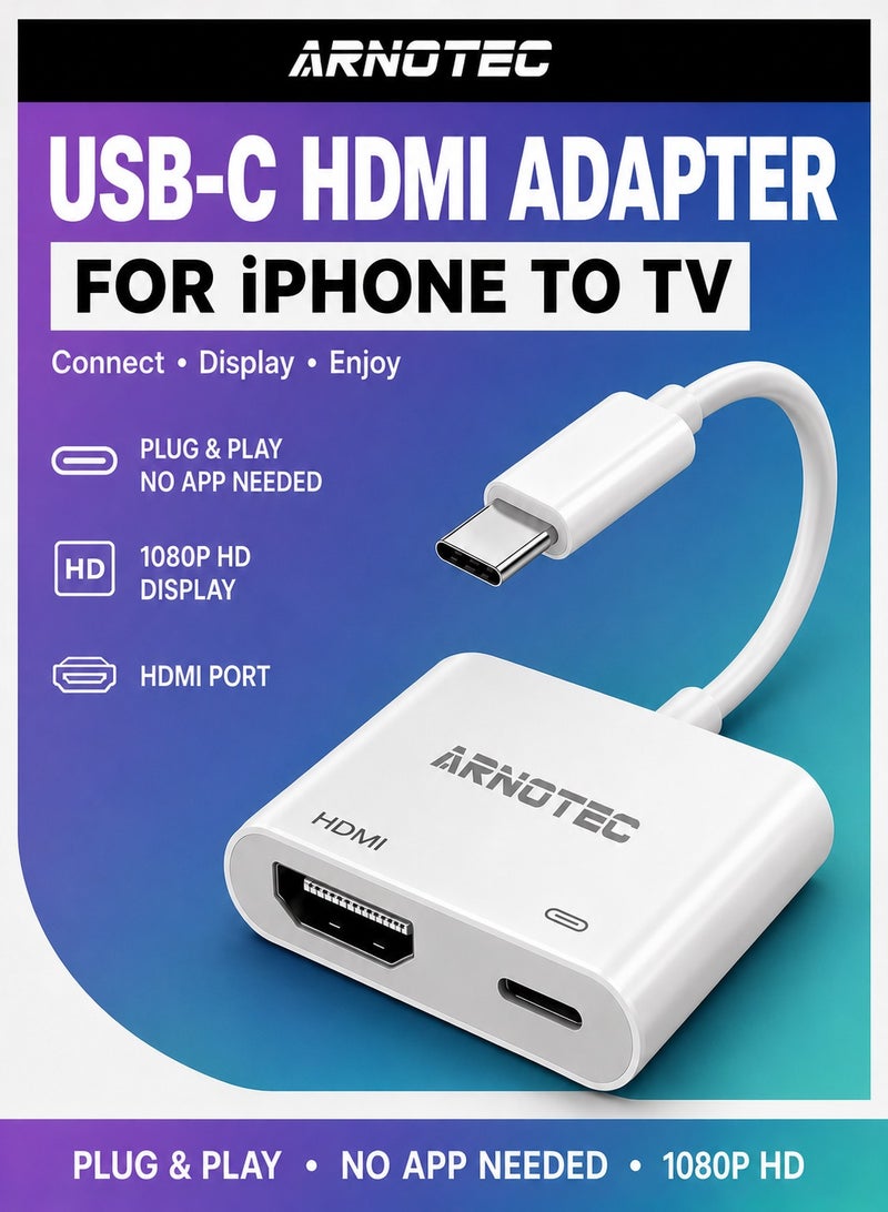 ARNOTEC [معتمد من MFi] محول USB C إلى HDMI لجهاز iPhone 16 15 إلى التلفاز، محول Type-C إلى HDMI بدقة 4K@60Hz مع منفذ شحن سريع 100W لجهاز iPhone 16/16 Plus/16 Pro/16 Pro Max/15 Pro Max إلى جهاز عرض HDTV. - Image 1