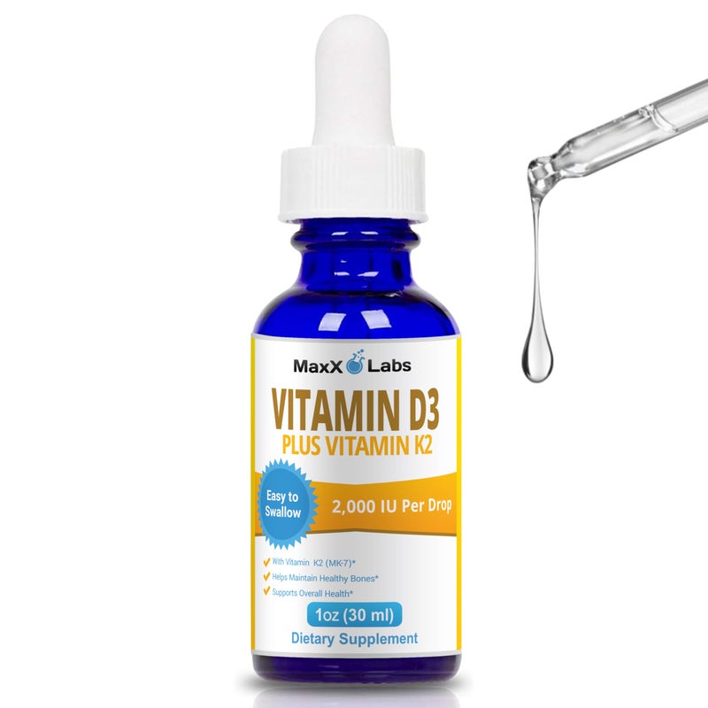 MaxX Labs Vitamin D3 K2 Liquid Drops Liquid VitaminD3 2000 IU Per Drop with K2 Supplements for Adults Kids VIT D for Healthy Bones Heart Immune Health Vitamin D K2 MK7 Dropper 1 Oz