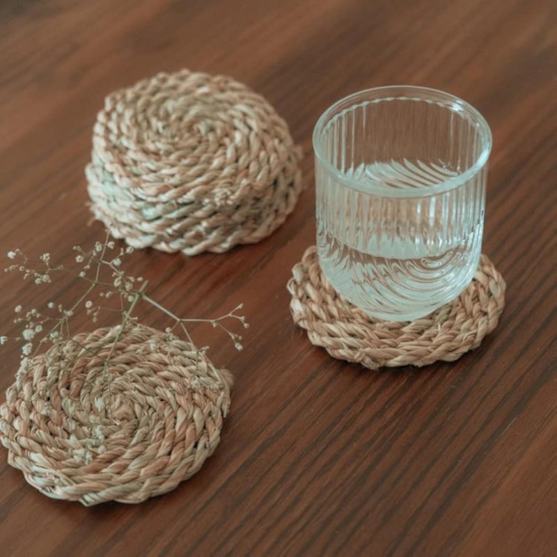 Handwoven Halfa Grass Coasters, 11 cm Round, Natural Beige, Set of 6