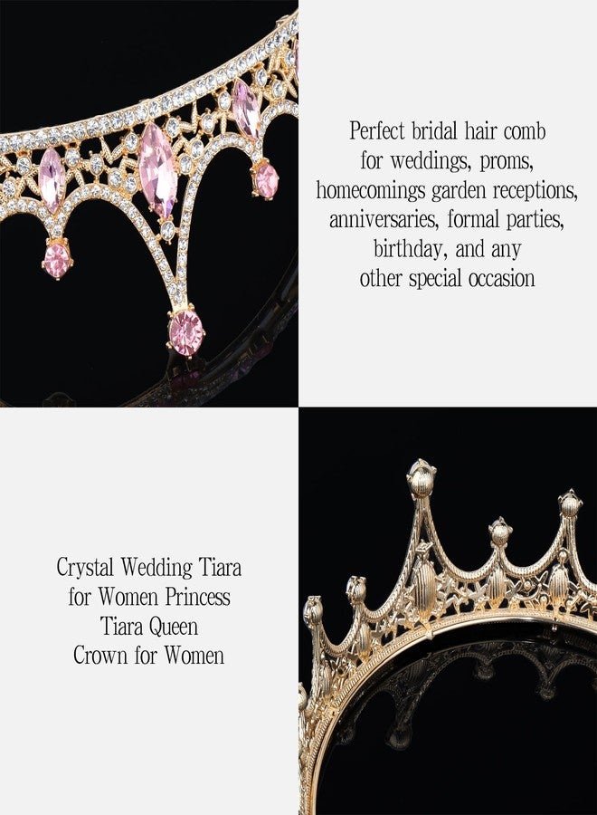 Amariver Gold Wedding Crown Crystal Tiara for Women Queen Crowns Princess Headband Pink Rhinestones Tiaras for Bride Sparkle Hair Accessories for Birthday Prom Pageant Party - Image 3