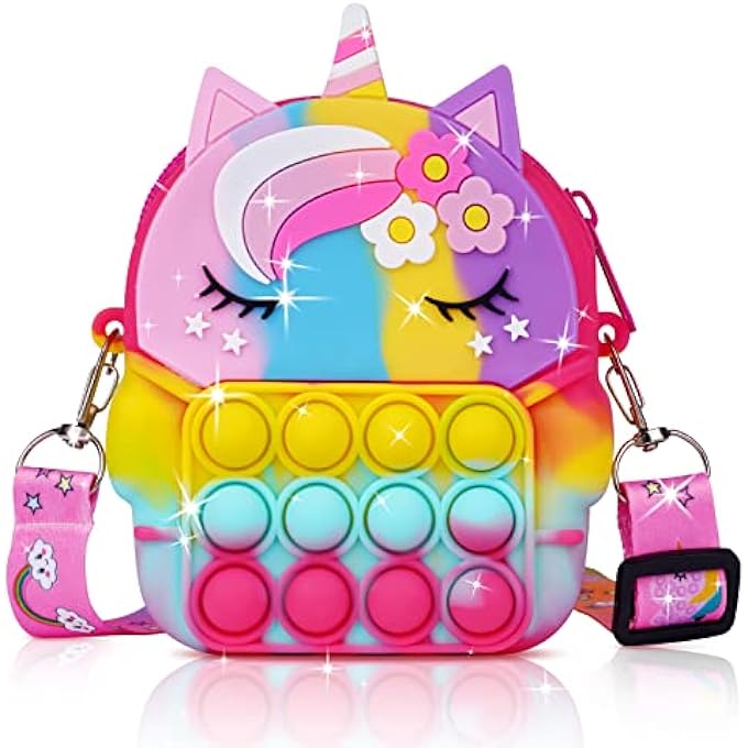 Ainiv Crossbody Pop it Bag, 2 in 1 unicorn Fidget Shoulder Bag for Girls, Silicone Push Bubble Small Purse with Adjustable Strap Length, Relief Stress for Adult Kids (Colorful) - Image 1