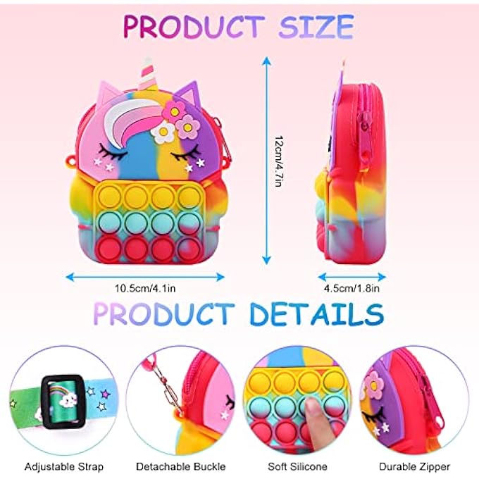 Ainiv Crossbody Pop it Bag, 2 in 1 unicorn Fidget Shoulder Bag for Girls, Silicone Push Bubble Small Purse with Adjustable Strap Length, Relief Stress for Adult Kids (Colorful) - Image 3