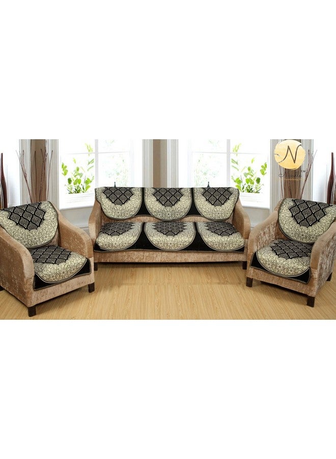 Nendle Luxurious Cotton Abstract Design 5 Seater Sofa Cover Set- 6 Pieces (Black) - Image 1