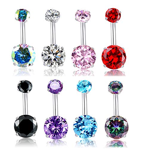 HQLA 14G Belly Button Rings Surgical Stainless Steel Round Cubic Zirconia Navel Barbell Stud Body Piercing (8pcs) - Image 1