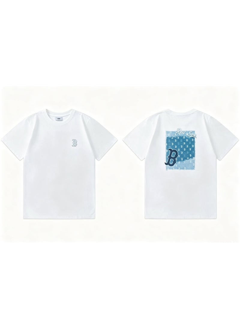 MLB Red Sox Gradient B Monogram Front Back Graphic White Unisex Cotton T-shirt-M - Image 1